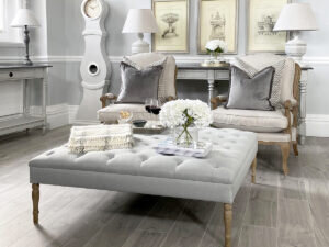 Square Upholstered Coffee Table in Arran Dove