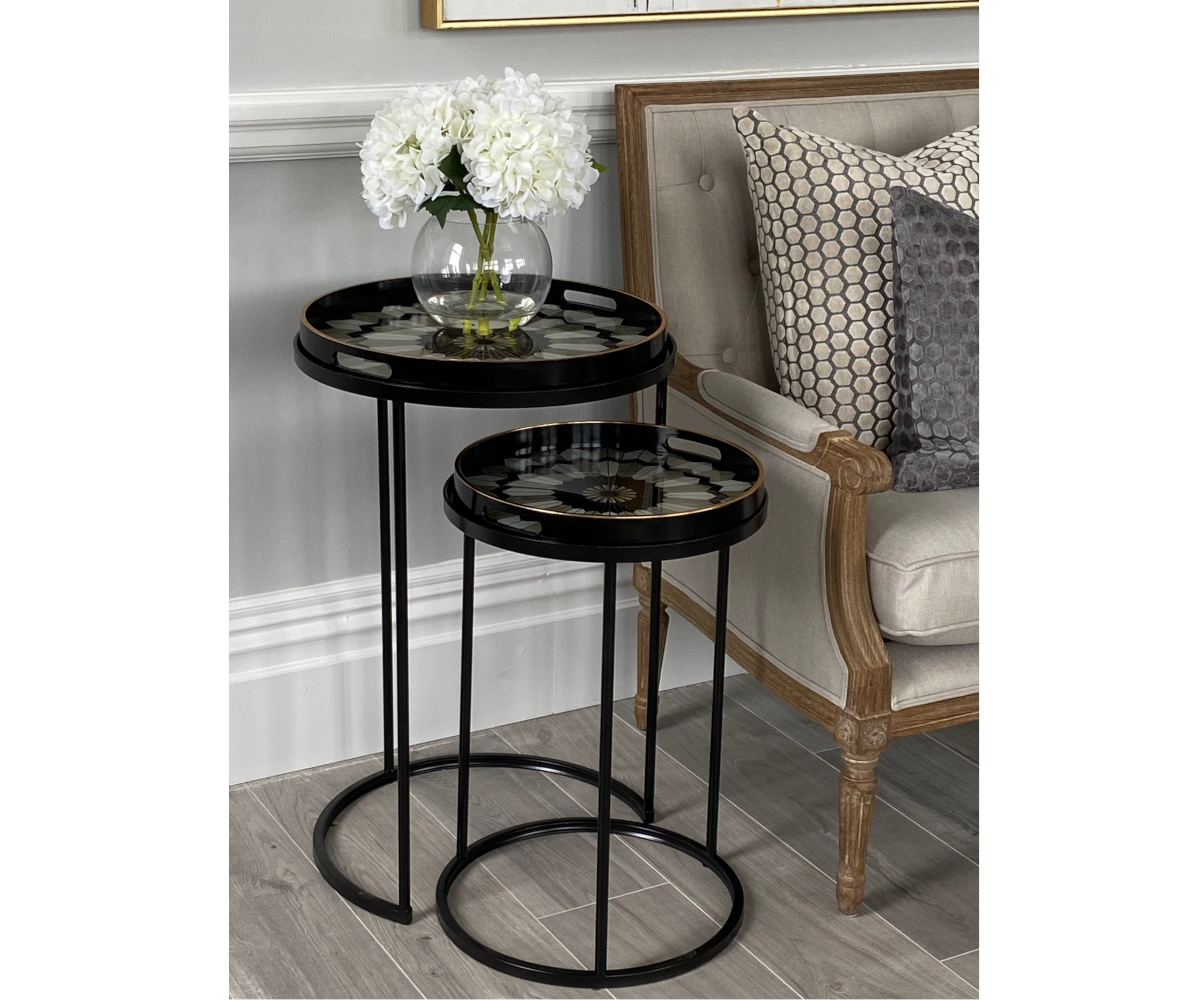 Art Deco Nest of Tables, Set of 2 Black Nesting Tables with Trays