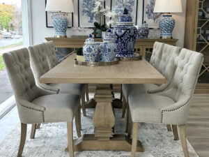 PRE ORDER - Halland 200cm Dining Table with Oak Base and 6 Ava Dining Chairs in Linen Fabric