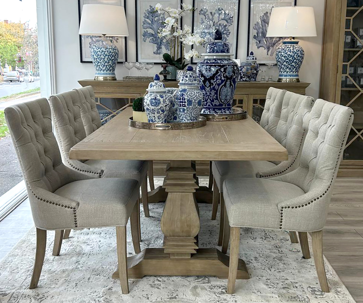 PRE ORDER - Halland 200cm Dining Table with Oak Base and 6 Ava Dining Chairs in Linen Fabric