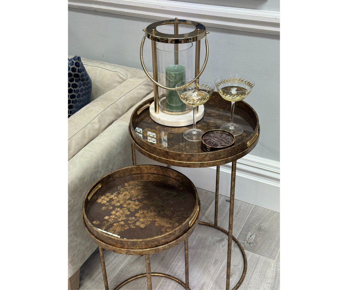 Cherry Blossom Nest of Tables, Set of 2 Nesting Tables with Trays