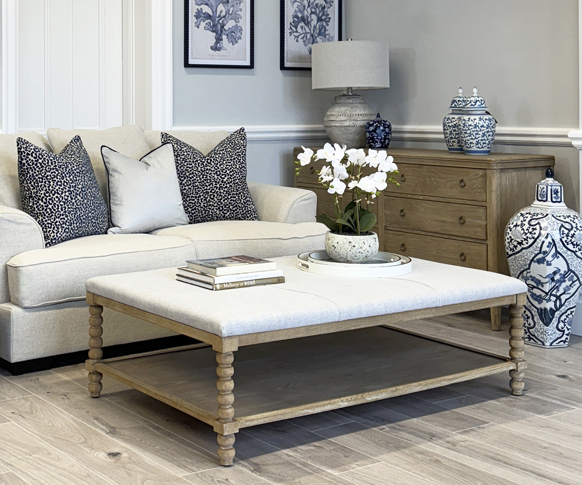 Large Bobbin Upholstered Coffee Table in Fog, 140cm