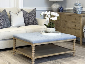Small Bobbin Upholstered Coffee Table in Denim, 110cm