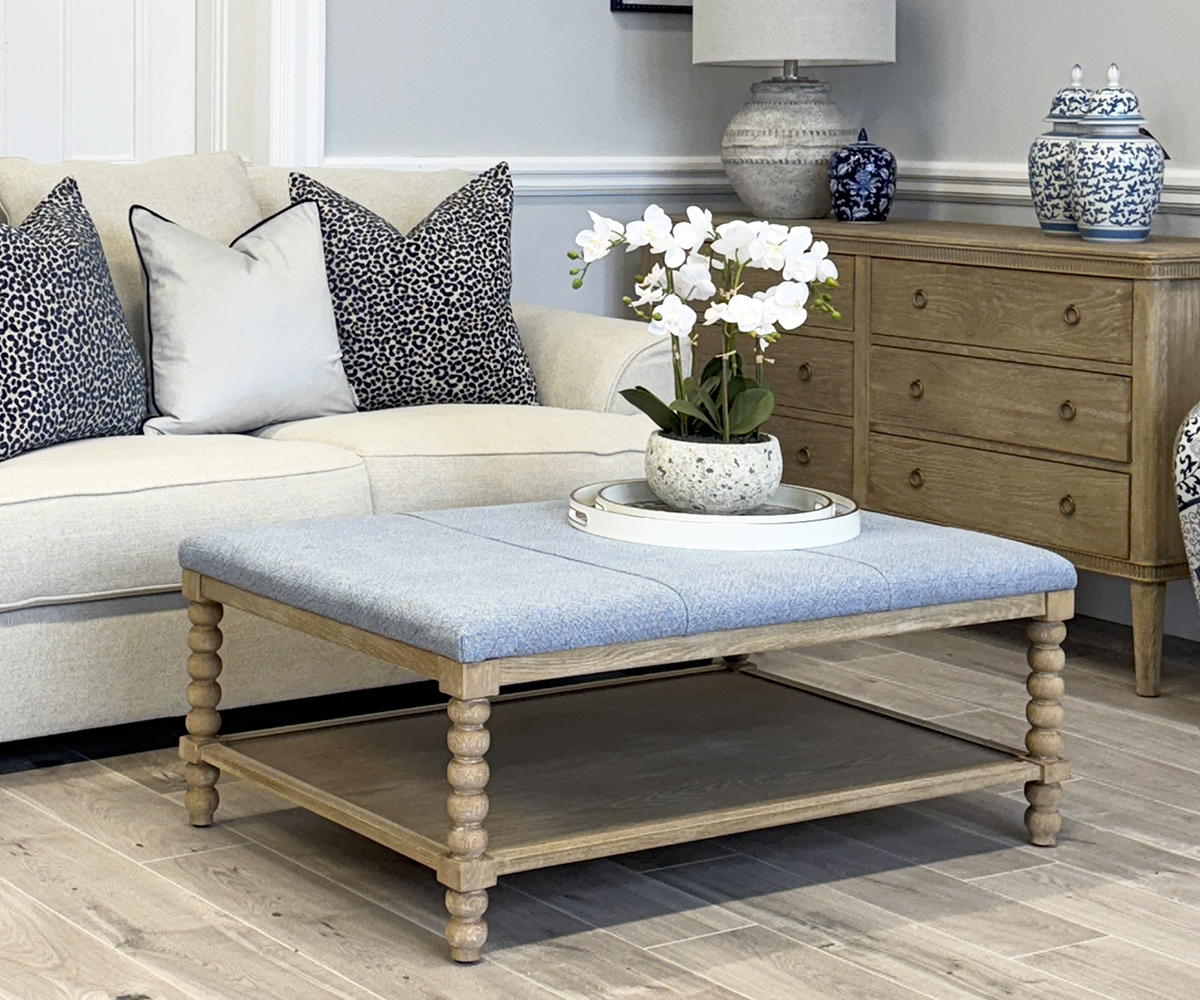 Small Bobbin Upholstered Coffee Table in Denim, 110cm