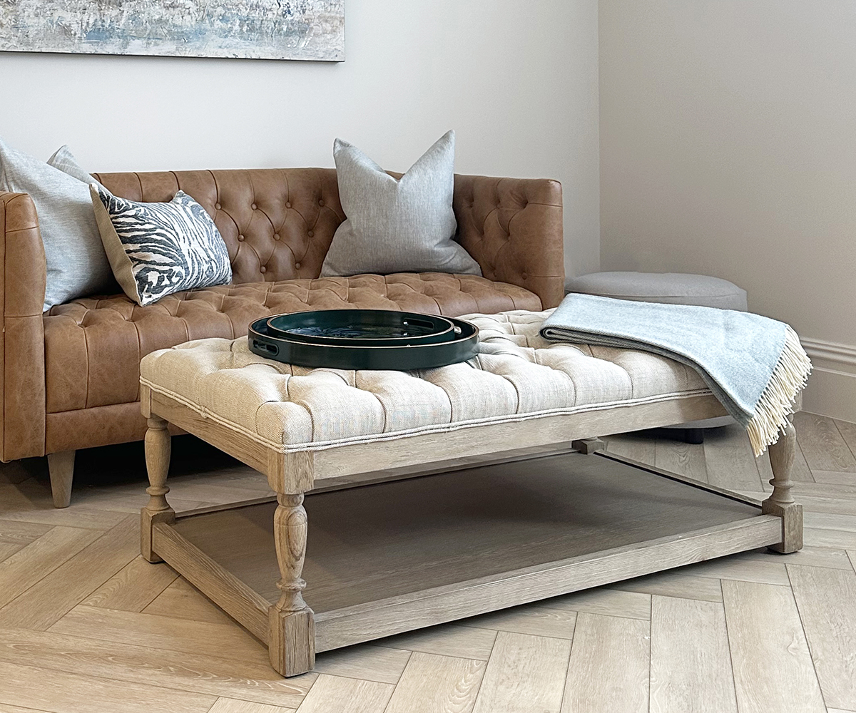 Astrid Deep Buttoned Coffee Table with Wooden Base in Linen