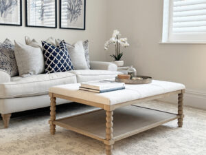 Small Bobbin Upholstered Coffee Table in Wheat, 110cm
