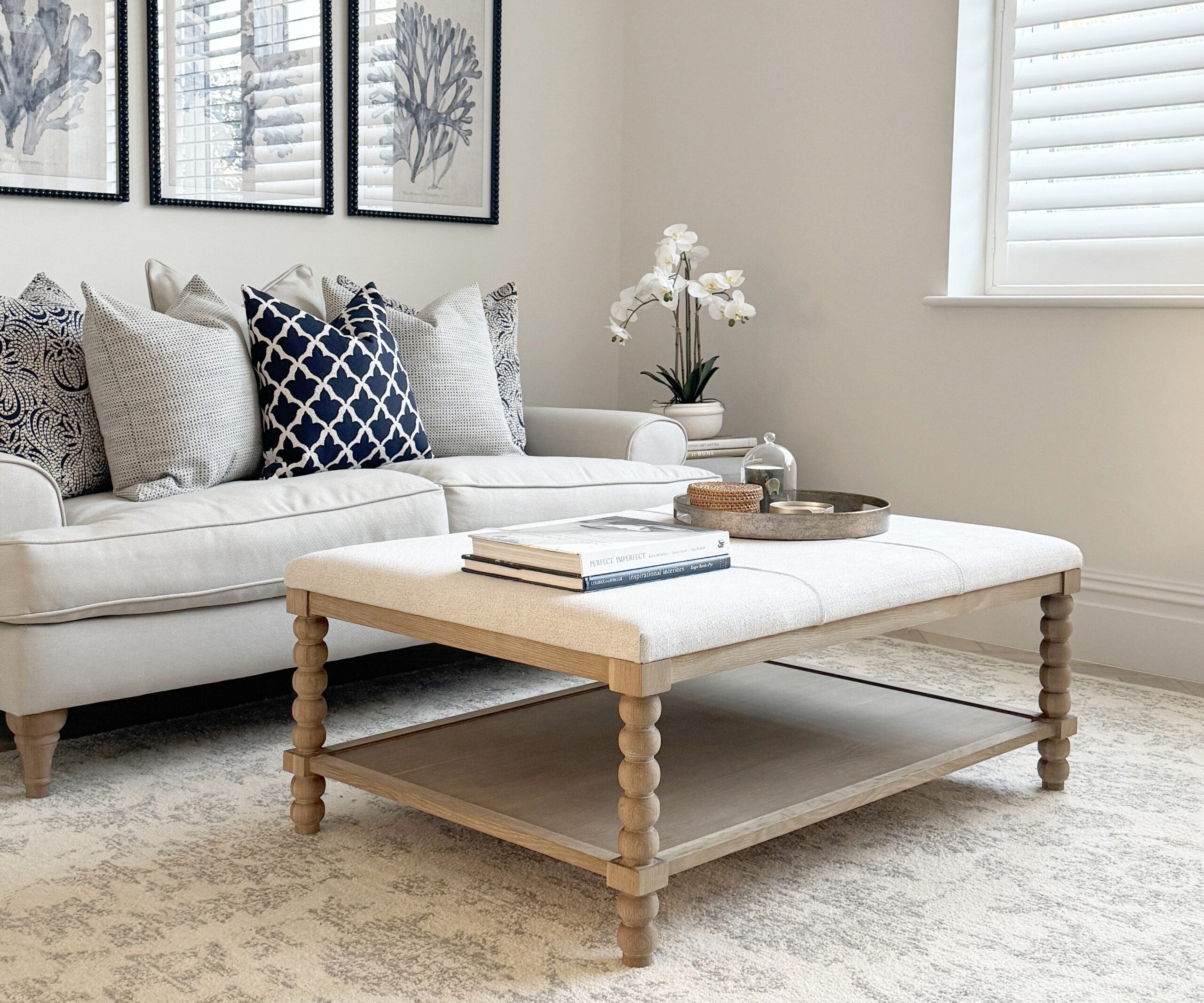 Small Bobbin Upholstered Coffee Table in Wheat, 110cm